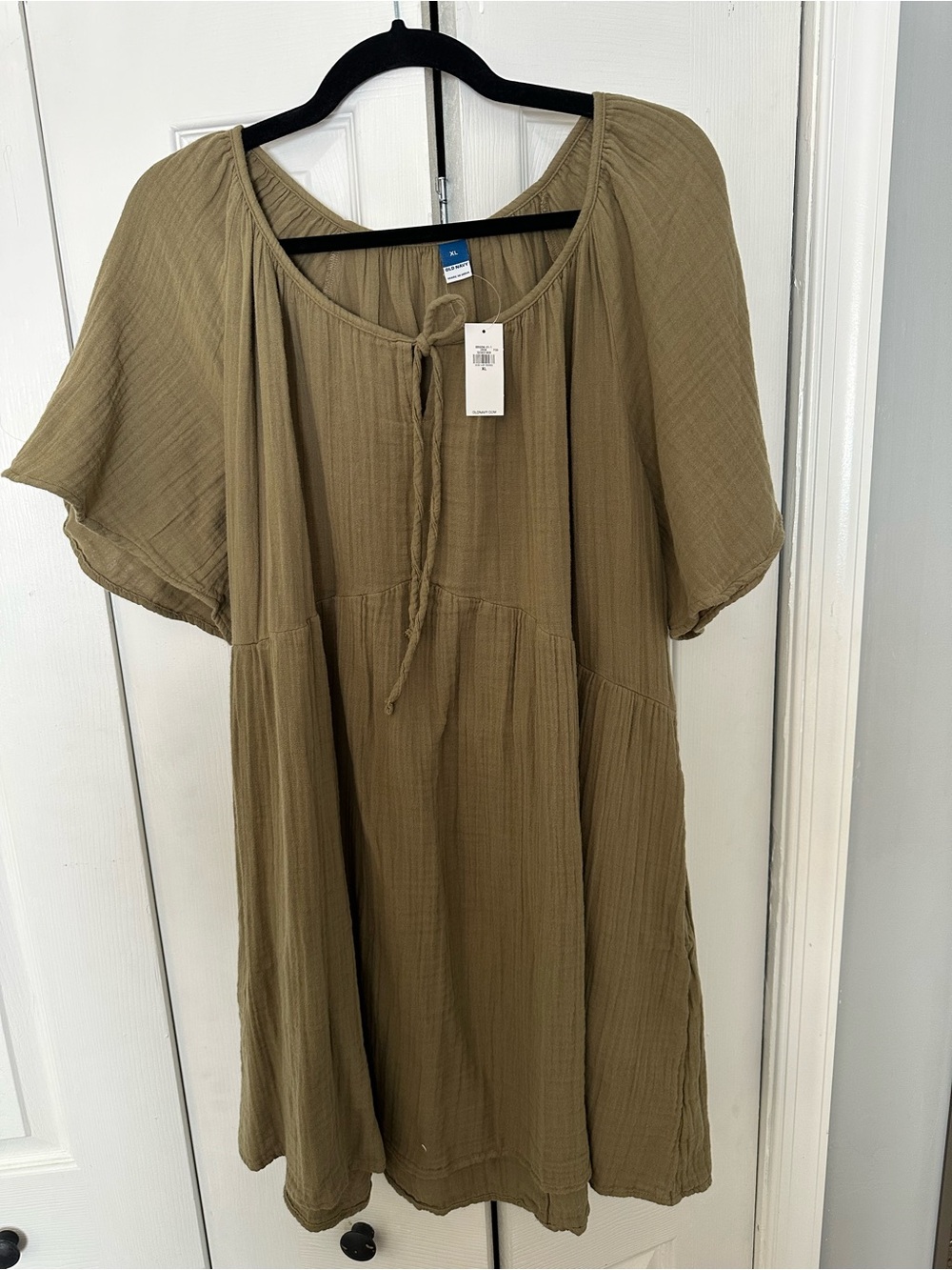 NWT Old Navy Olive Tie-Neck Midi Peasant Dress Flutter Sleeve Gauze Pockets!